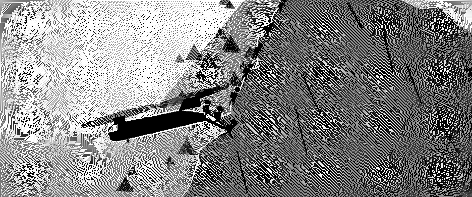 Sketch: a Chinook lands offset from the objective while the team climbs the ridge, with the valley falling away on the left and the mountain on the right